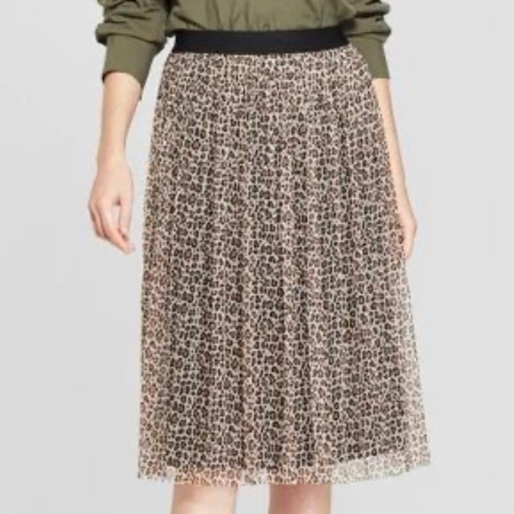 Aβ NEW DAY | Leopard Print Chiffon Tulle Pleated Skirt Elastic Waist | Medium